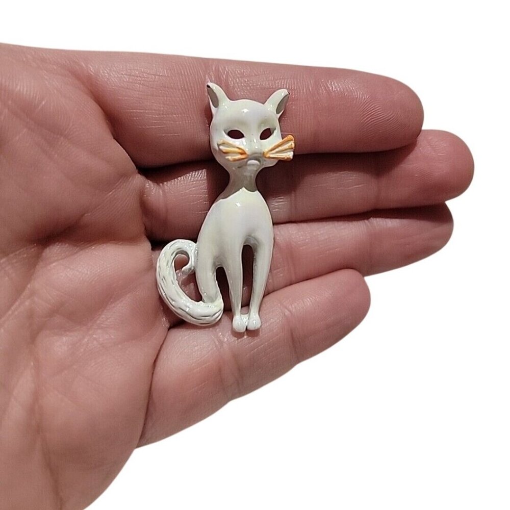 Vintage MCM Cat Brooch Iridescent White Retro Iconic Mid Century Pin Whimsical
